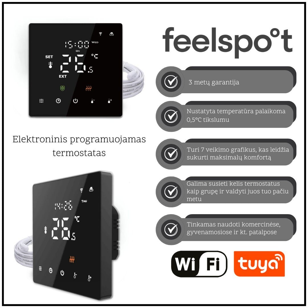 Elektroninis programuojamas termostatas WTH22.16 NEW Black su WiFi Tuya