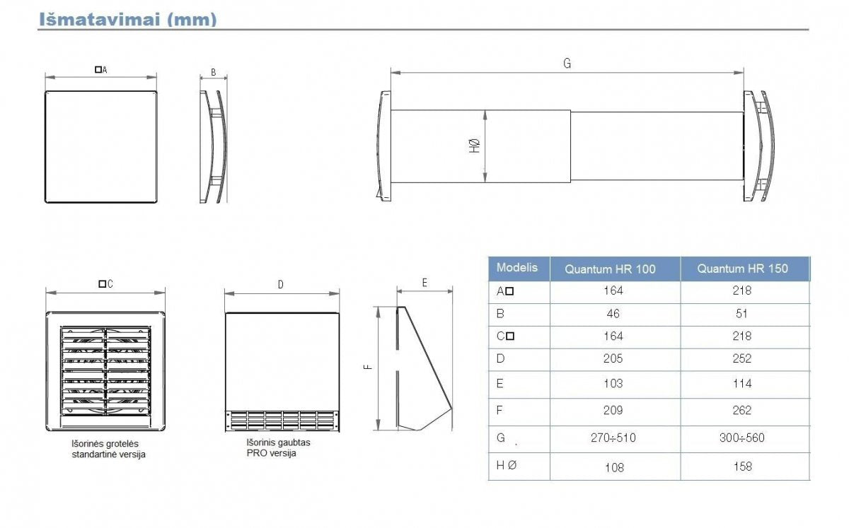 Sieninis mini rekuperatorius Aerauliqa Quantum HR 100 mm diametras